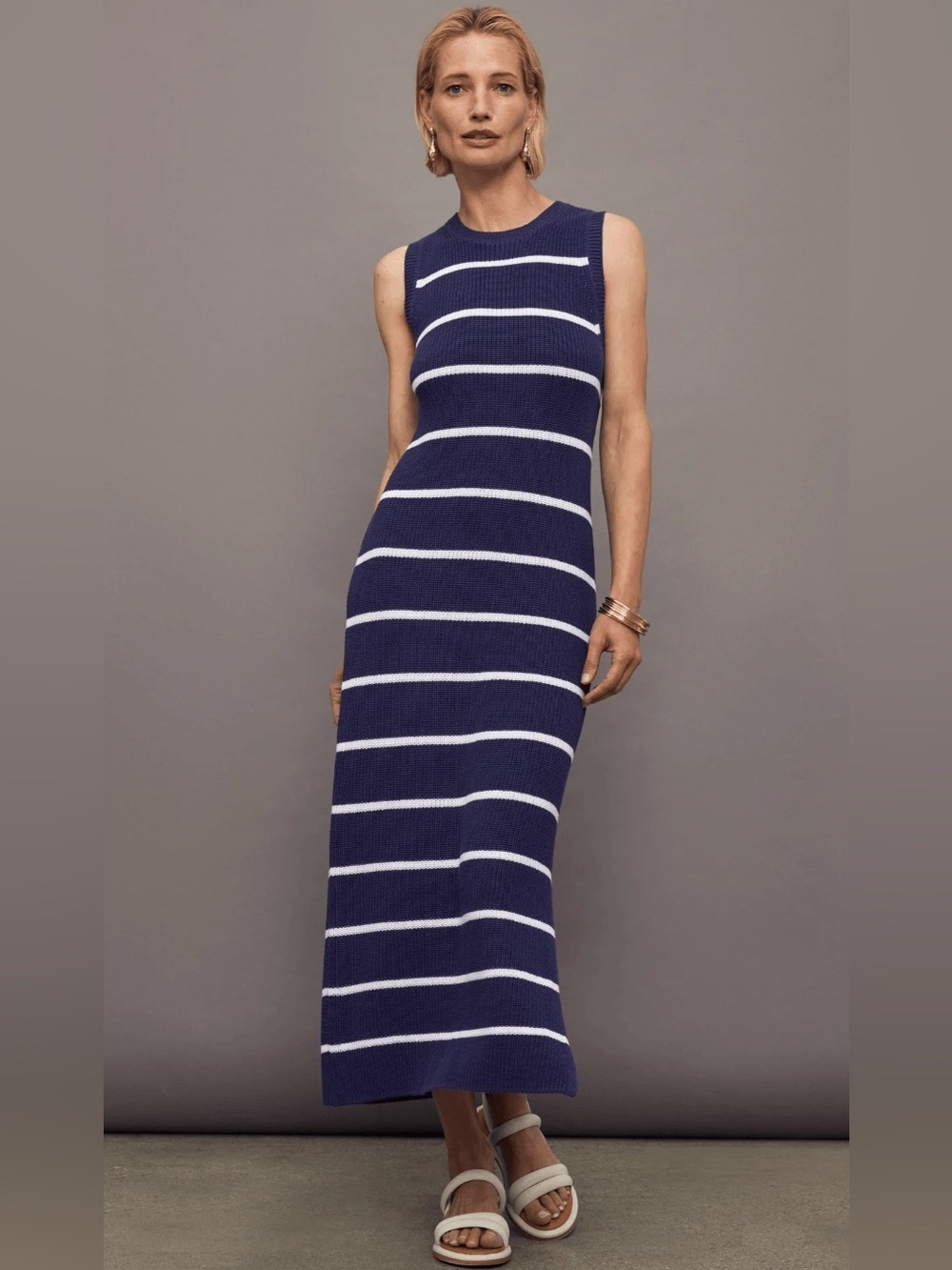 525 America Emma Stripe Midi Dress Indigo Multi 100% Cotton Stretch Chunky S